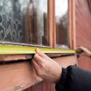 Two hands holding a tape measure up to a windowsill