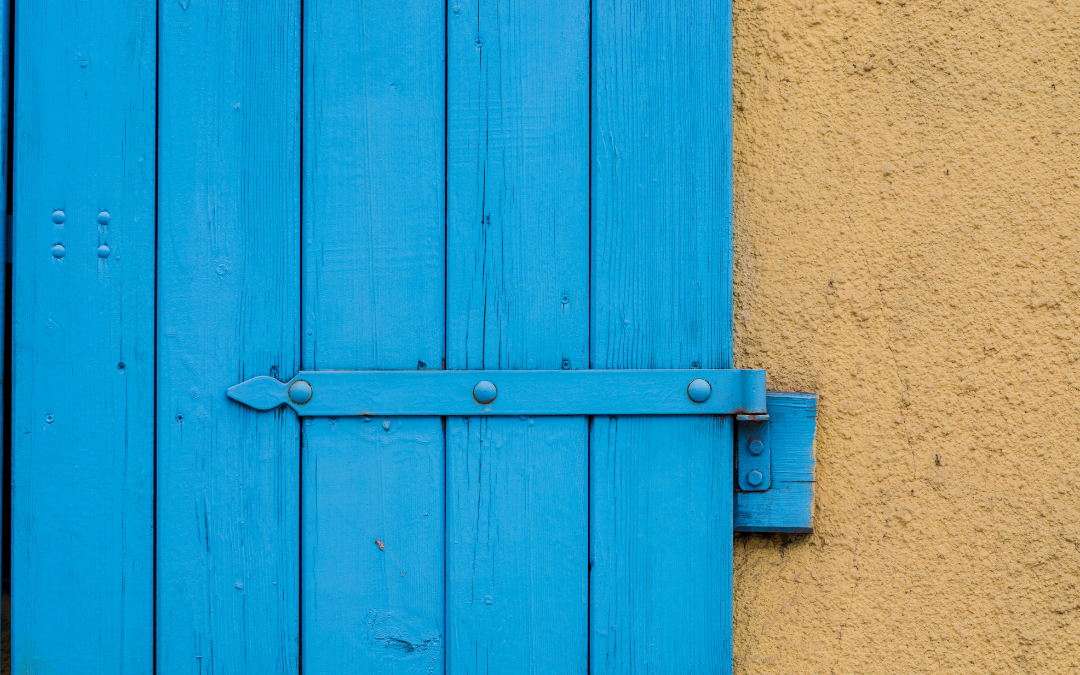 Blue shutter with close up of painted hinge